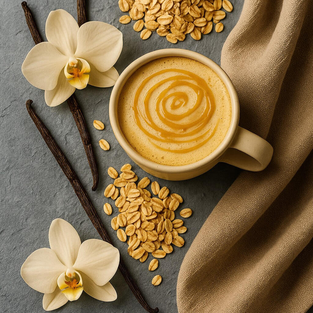 Cup of coffee with latte art, vanilla beans, and oats on a gray surface with beige cloth.