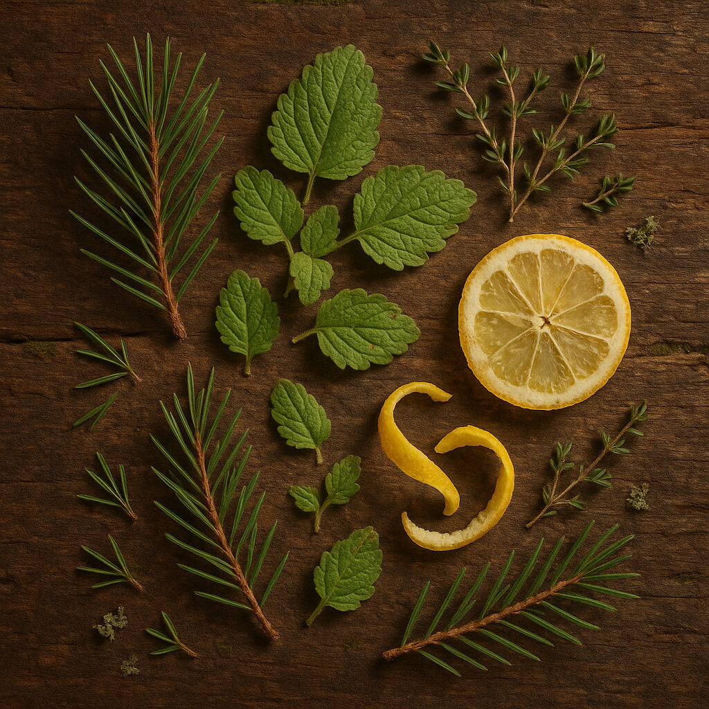 Pine needle & lemon balm on a wooden surface