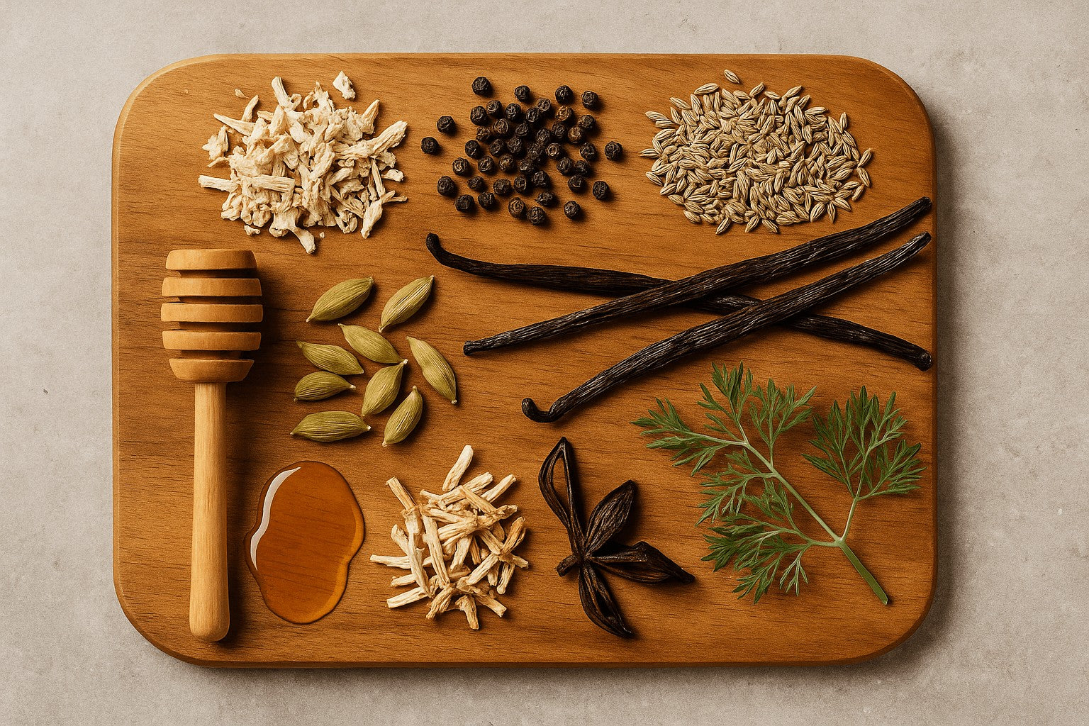 Wooden board with various spices and herbs including cardamom, vanilla beans, and a honey dipper on a beige background.