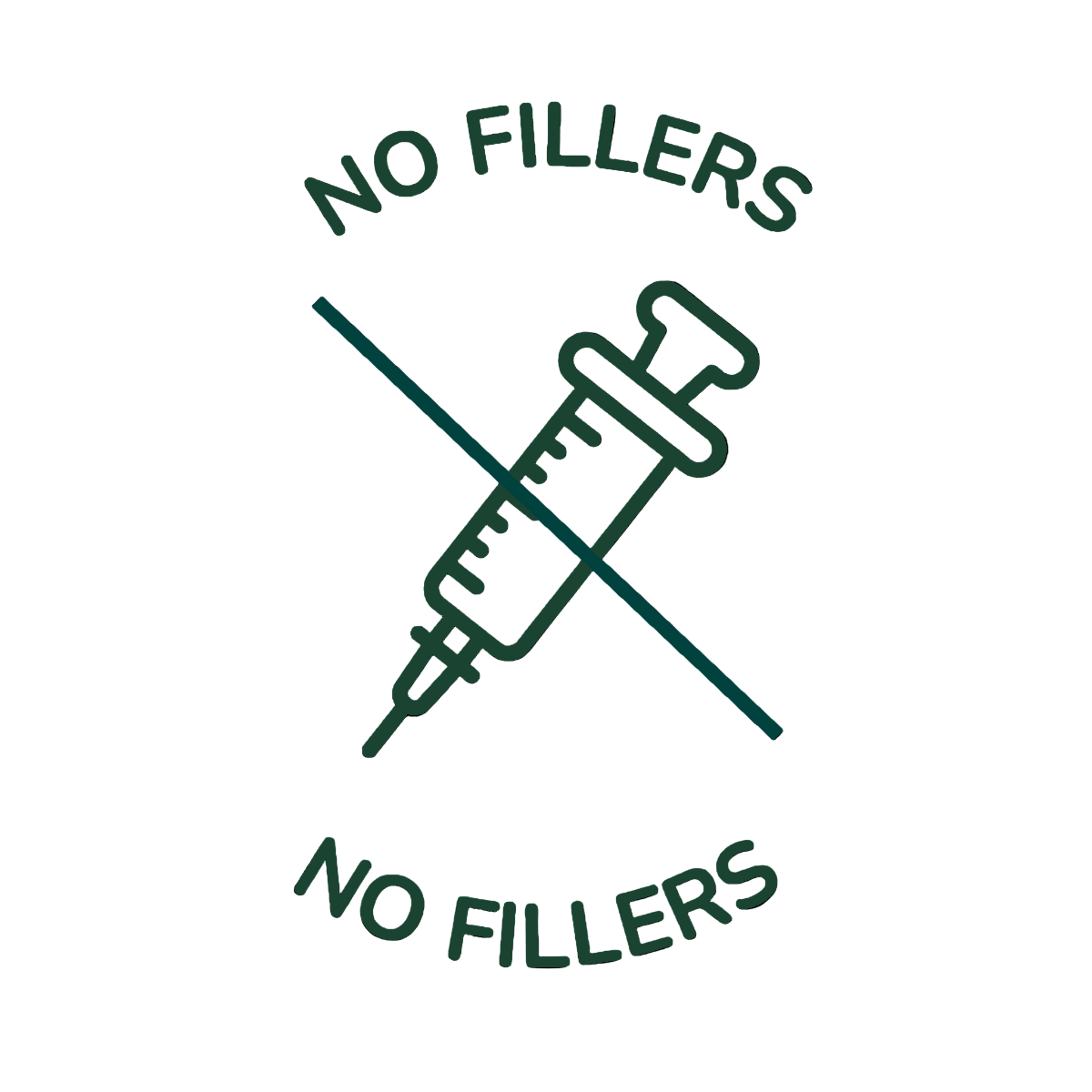 Stamp with syringe crossed out with 'NO FILLERS' text 