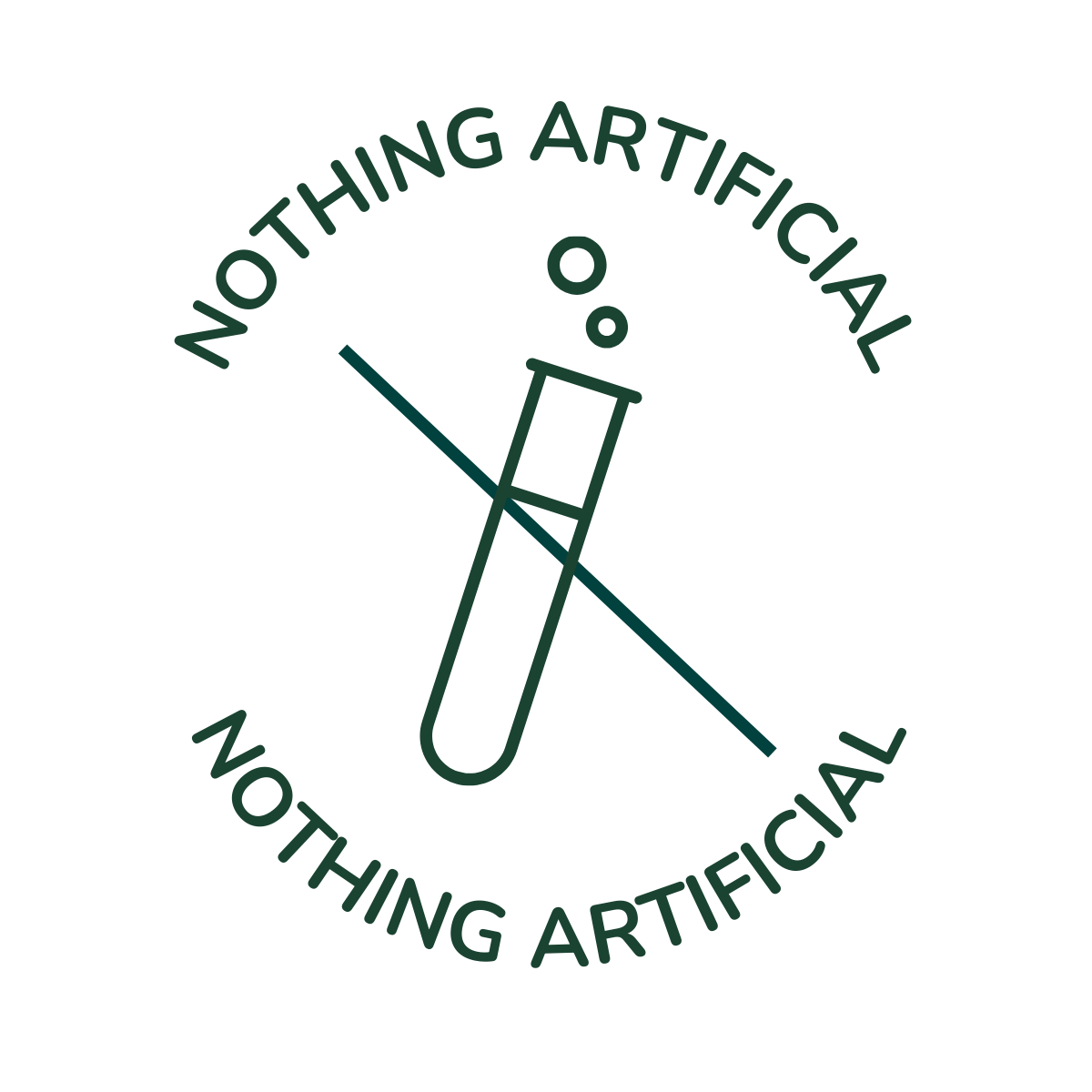Logo with a test tube crossed out and 'Nothing Artificial' text 