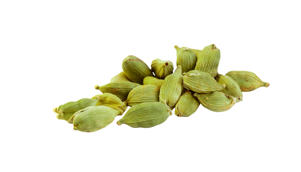 Pile of green cardamom pods on a transparent background