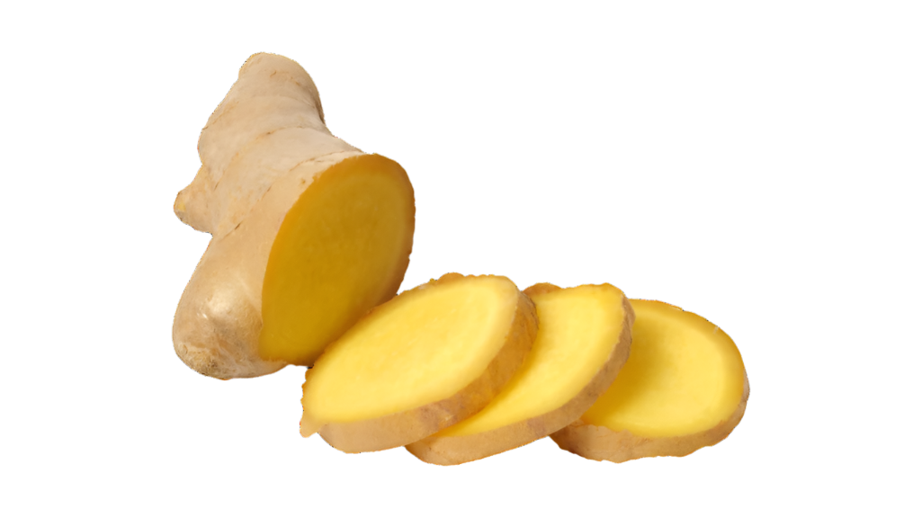 Ginger root and slices on a white background